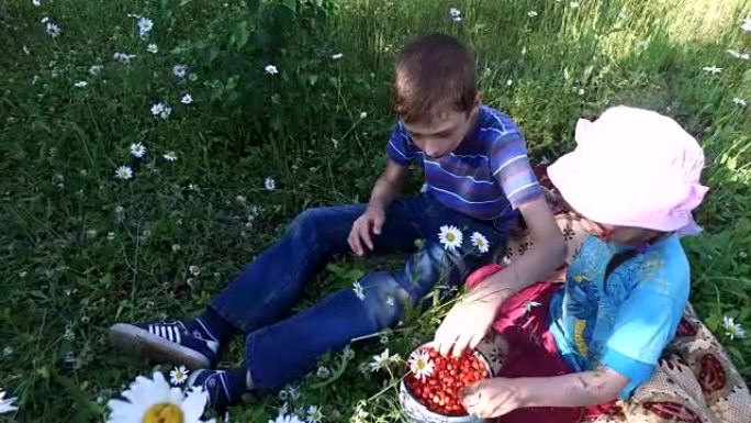 十几岁的男孩和女孩在草地上吃野草莓。