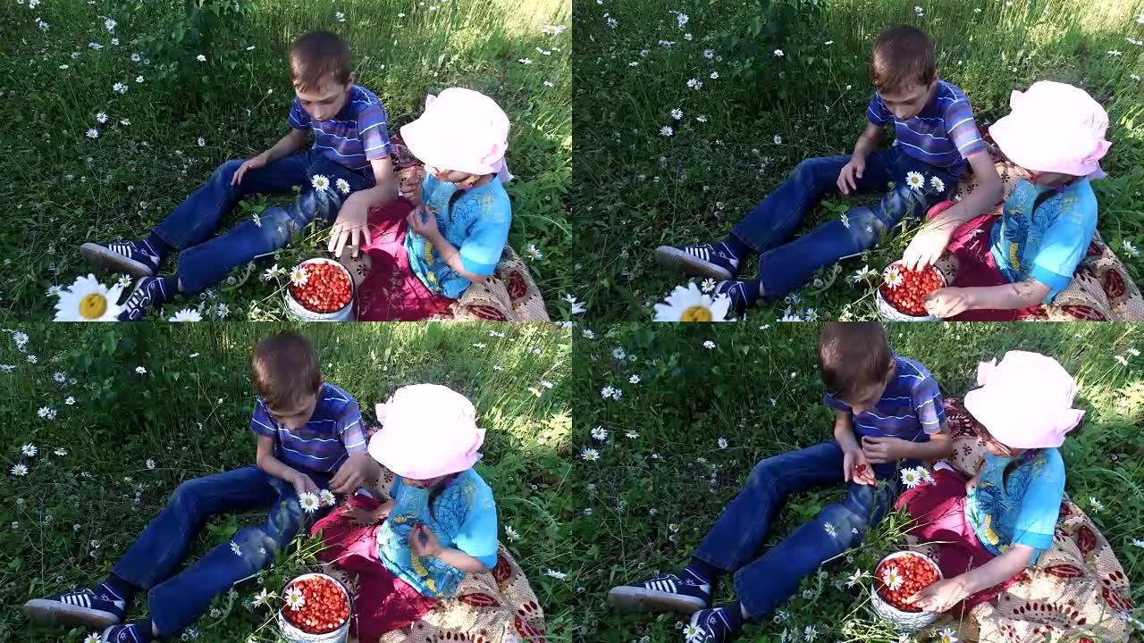 十几岁的男孩和女孩在草地上吃野草莓。