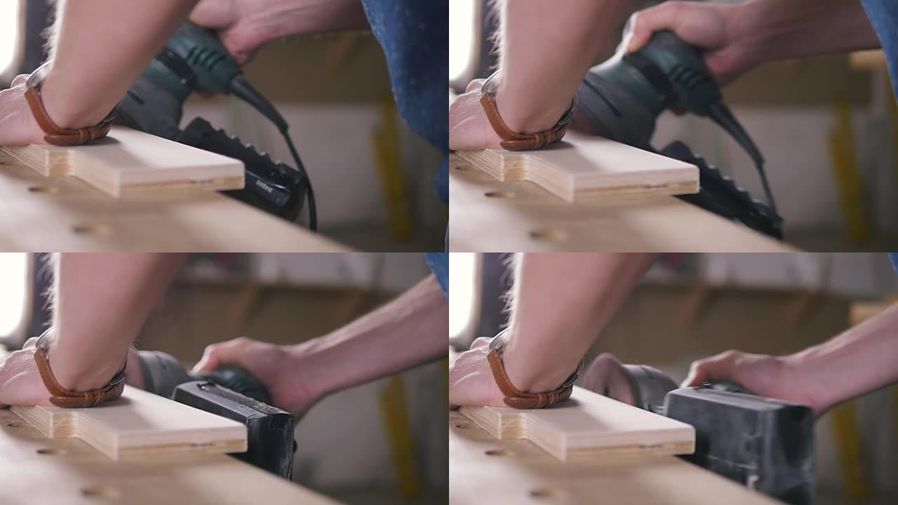 工人研磨角形研磨机的木材