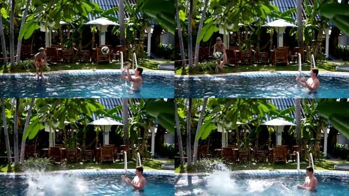 一个男人和一个孩子在游泳池里打球。户外运动