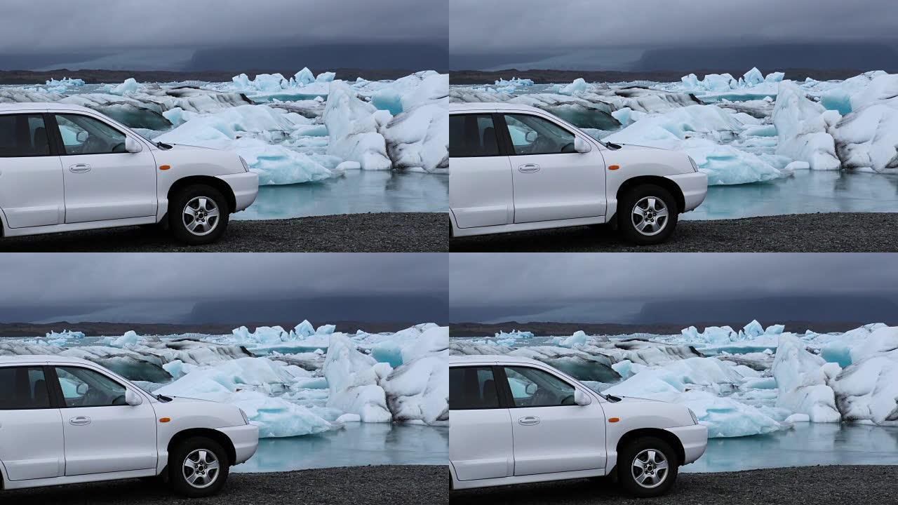 东冰岛Jokulsarlon冰川泻湖的越野车。静态镜头。