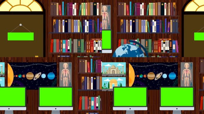 带有绿色门标志的卡通图书馆书架和带有绿色的计算机