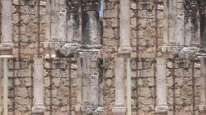 古代寺庙遗迹中的近距离拍摄慢盘柱