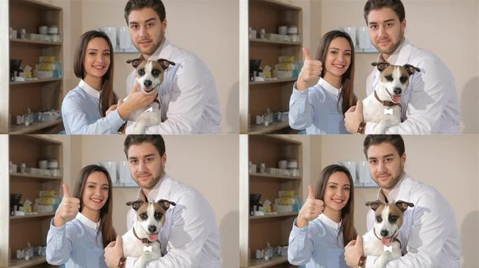 男性兽医与狗和它的主人合影