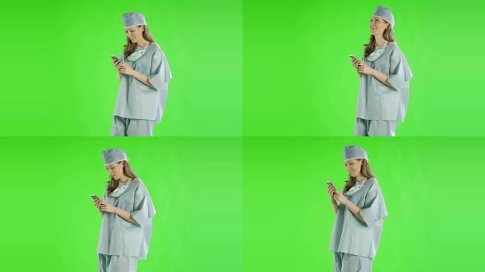 白人妇女greenscreen削减了医生保健护士的磨砂膏