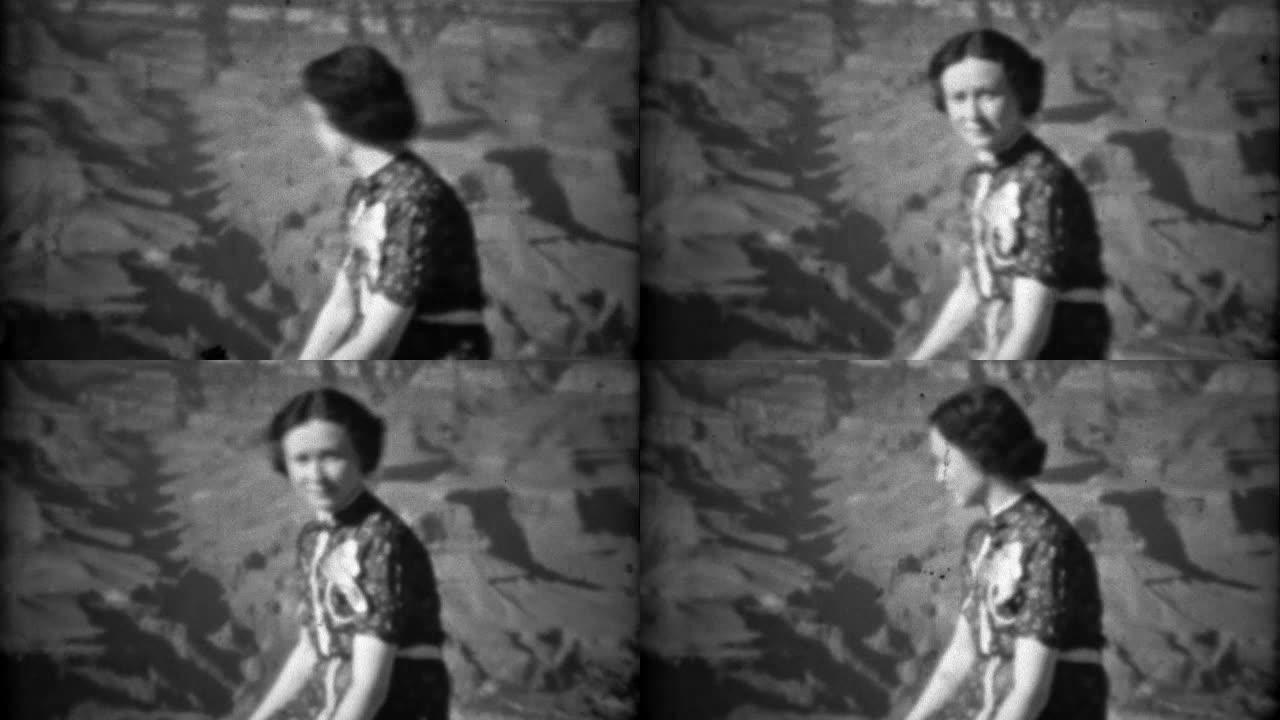 1937: 女性模型大峡谷背景周转旅游访问。