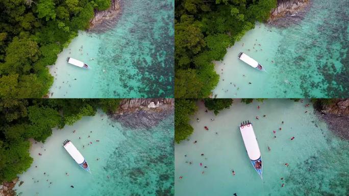 Koh LIPE岛的Koh Yang岛潜水点。鸟瞰图是一个拥有快艇和完美水晶般清澈的碧绿海水的天堂。