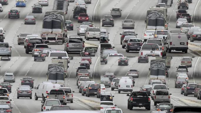 满载麻袋卡车的交通在洛杉矶市中心的110高速公路上向北行驶