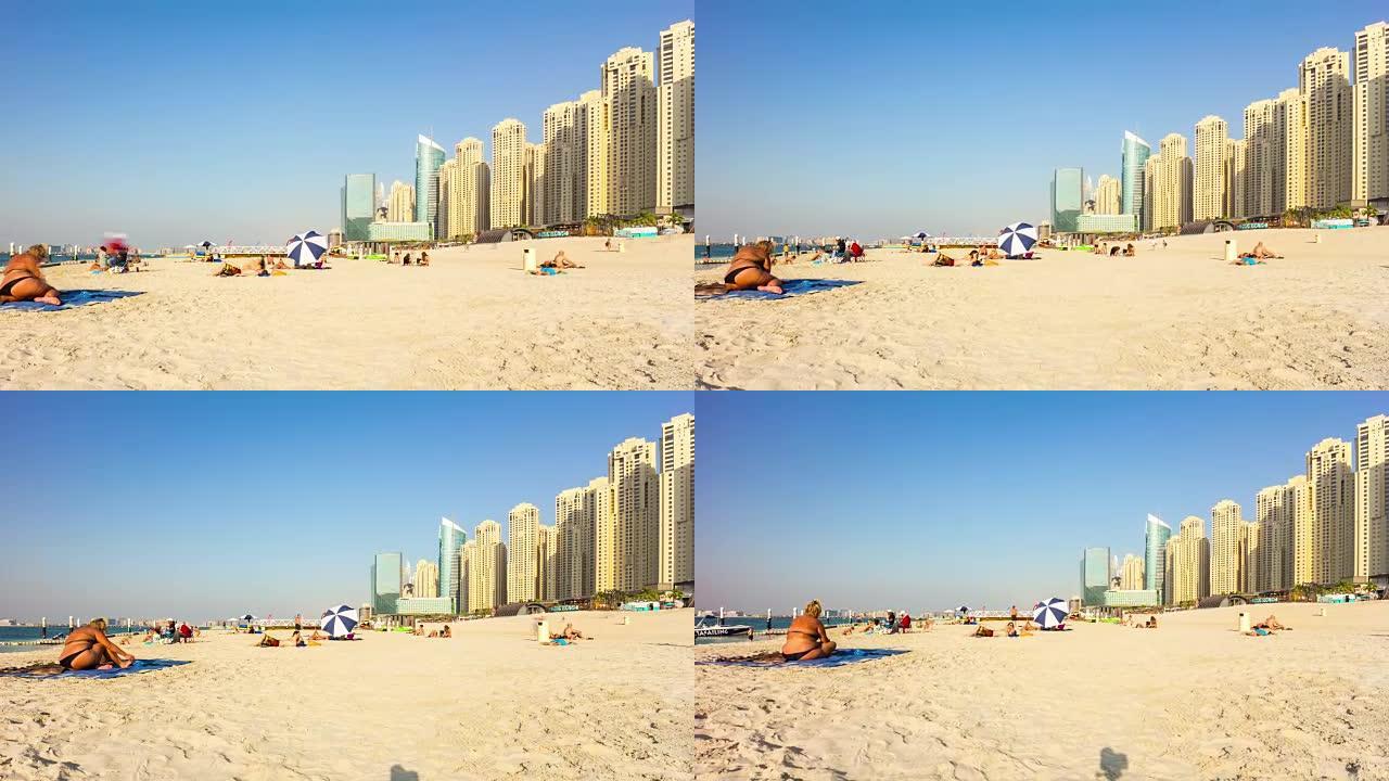 阿拉伯联合酋长国夏日迪拜码头著名海滩湾全景4k延时