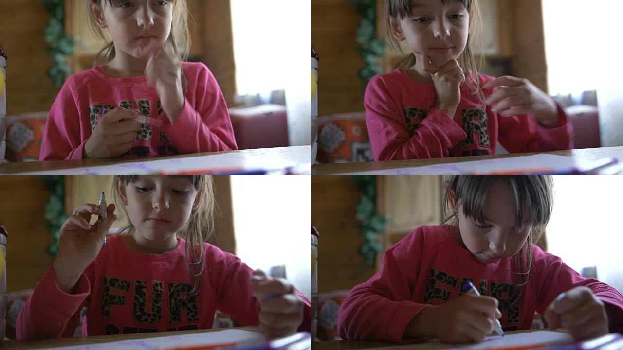 女孩在纸上画毡尖笔，创造