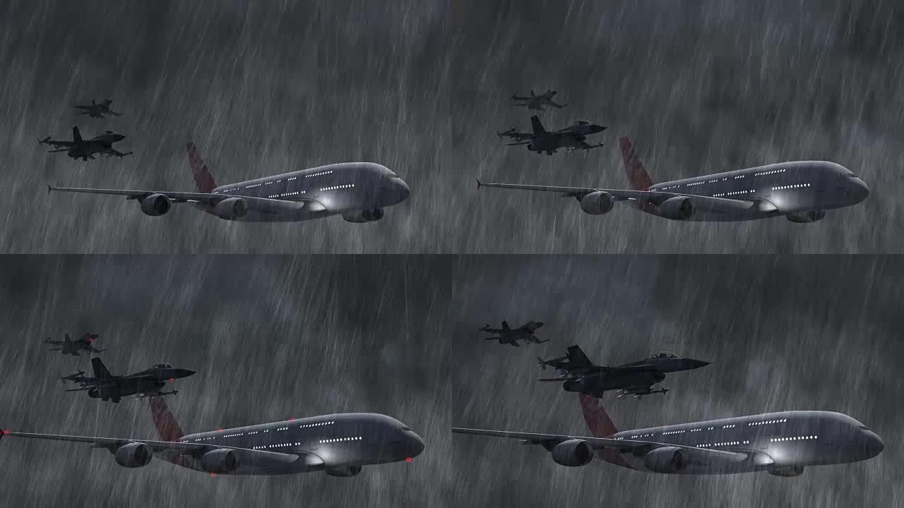 战斗机在暴风雨和雨中护送的客机-特写