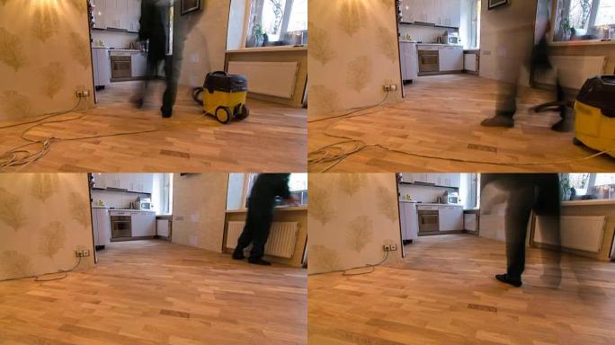 木匠工人清洁室在地板工作期间安装木质拼花板后延时