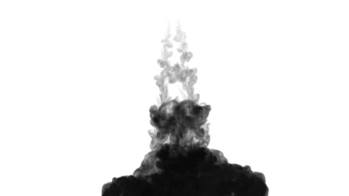 一股墨水流，注入黑色染料云或烟雾，墨水以慢动作注入白色。水中的黑色水粉云。漆黑的背景或烟雾背景，用于
