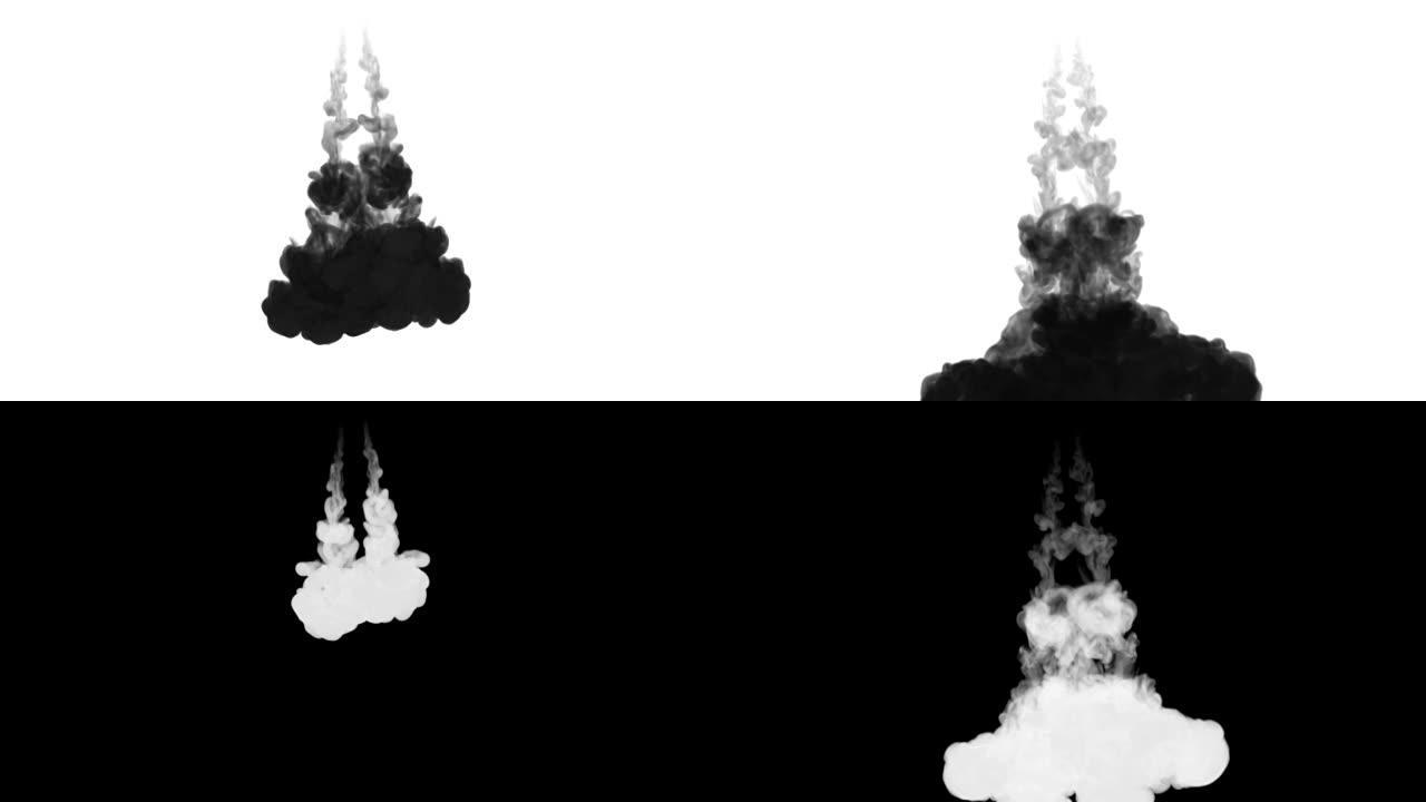 一股墨水流，注入黑色染料云或烟雾，墨水以慢动作注入白色。水中的黑色水粉云。漆黑的背景或烟雾背景，用于