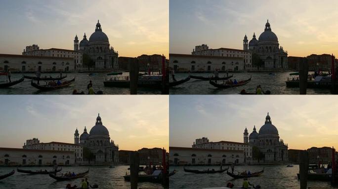 意大利威尼斯圣玛丽亚德拉礼炮巴西利卡运河贡多拉著名日落全景4k