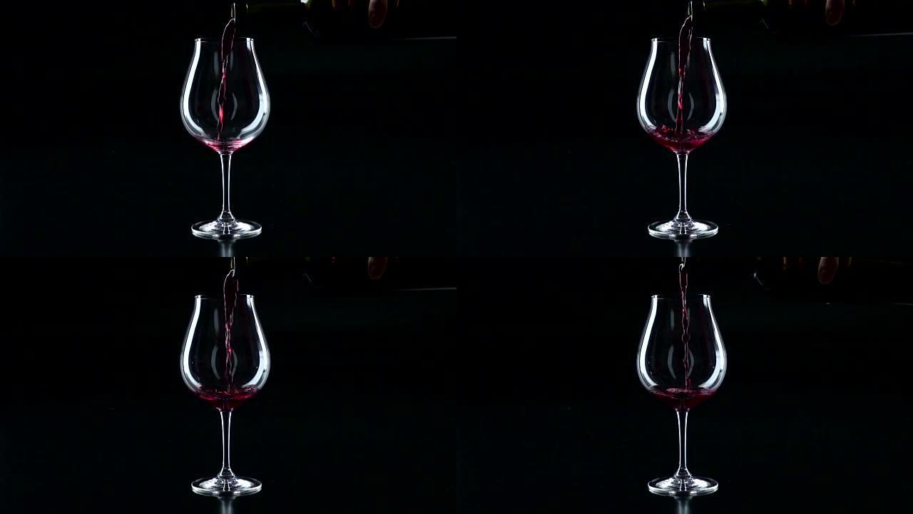 红酒溅在玻璃杯上，黑色，轮廓，慢动作