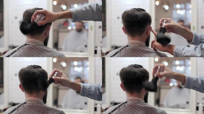 男理发师和一个男客户在理发店。理发师用滑石粉。
