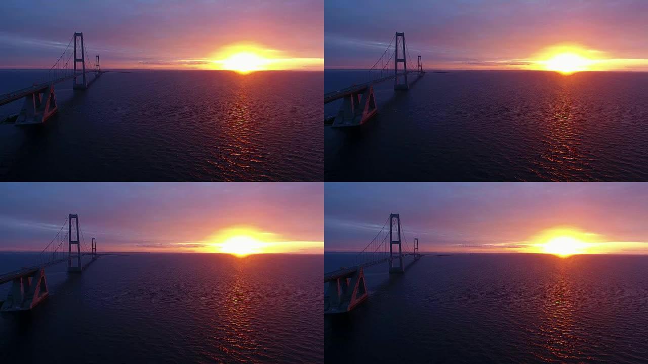 日落时海上的Storebaelt桥