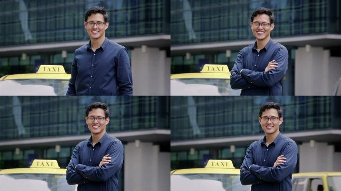 快乐亚洲出租车司机微笑的肖像，汽车，出租车