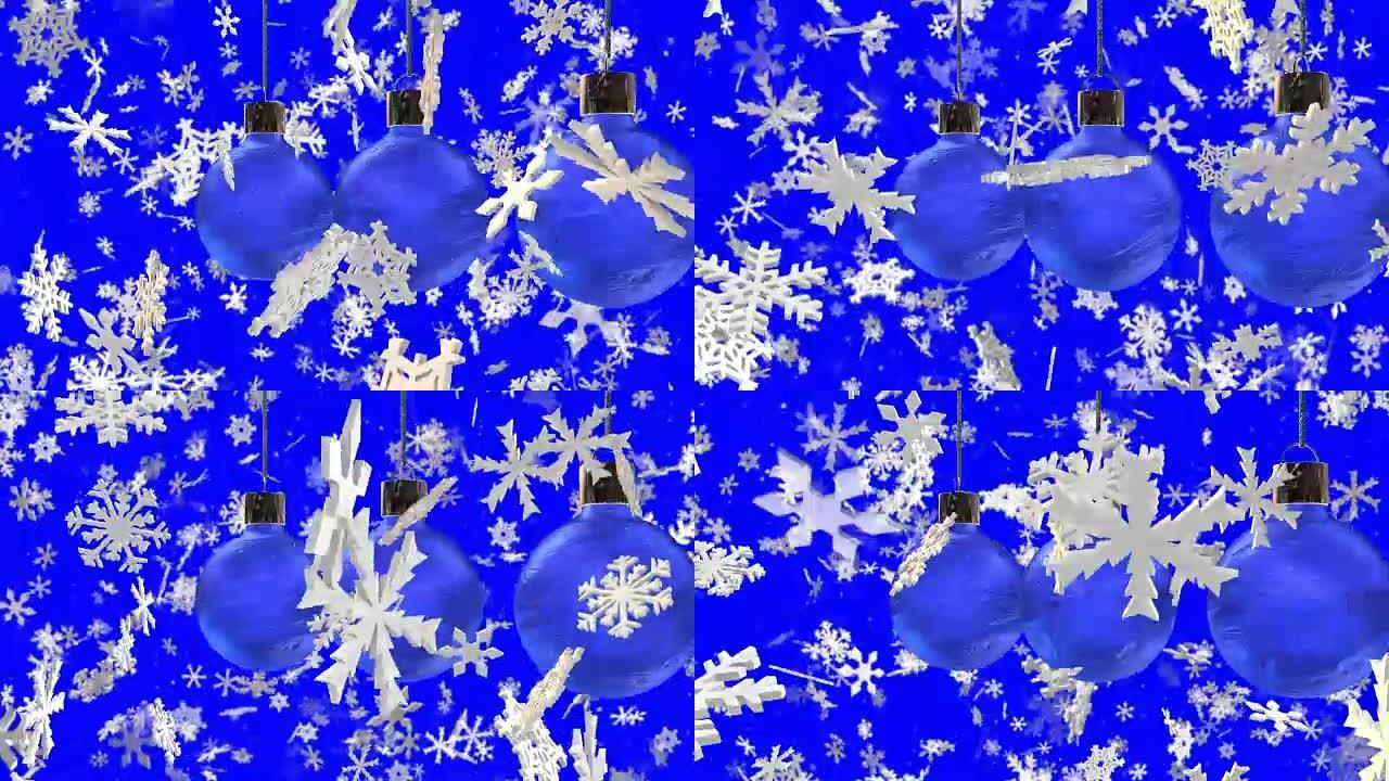 圣诞树的装饰品和蓝色上慢慢落下的雪花