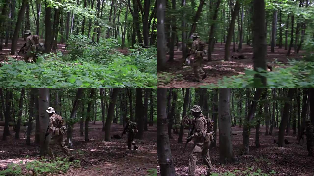 游击游击战士带着枪在森林伏击中攻击瞄准