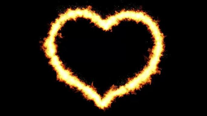 燃烧的火焰在黑色背景上流动的心脏，带有火颗粒，节日情人节和爱