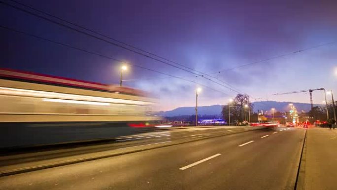 瑞士苏黎世市日落天空著名电车交通奎克桥湖全景4k延时