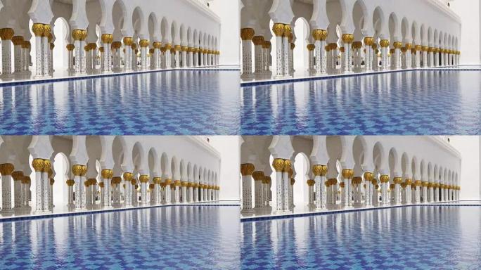 阿联酋白天夏灯著名的主清真寺池塘4k