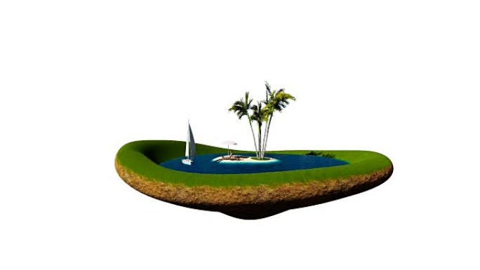 热带岛屿，有水，棕榈树和女人在沙滩上休息，反对白色