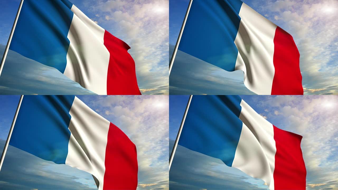 漂浮在日落天空背景上的法国国旗