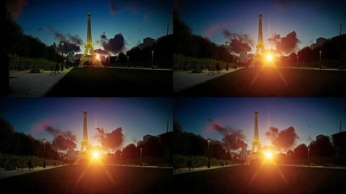 日落时巴黎埃菲尔铁塔的美景，平移