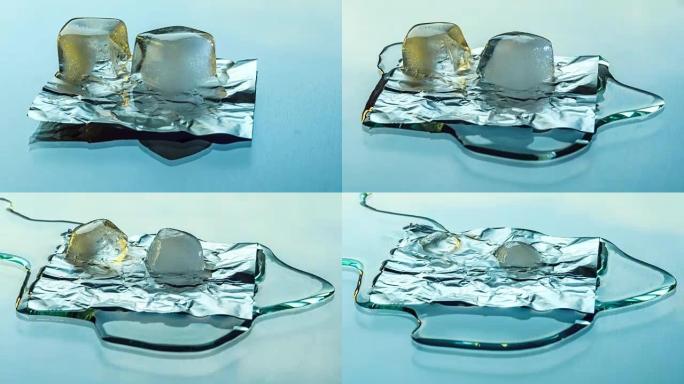 玻璃表面融化的两个冰块