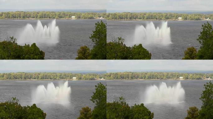 消防船上的喷泉。俄罗斯萨马拉市伏尔加河。夏日。镜头剪辑4K