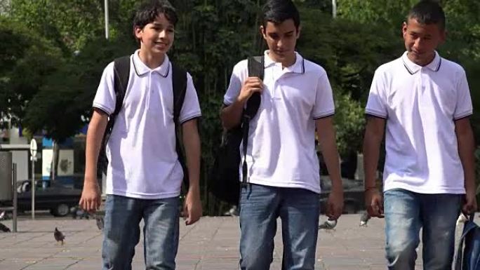 青少年男孩步行上学