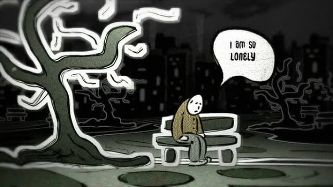 卡通风格动画阴沉城市公园风景-孤独的男人