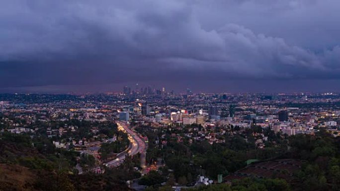 洛杉矶和好莱坞日与夜日落时间与云