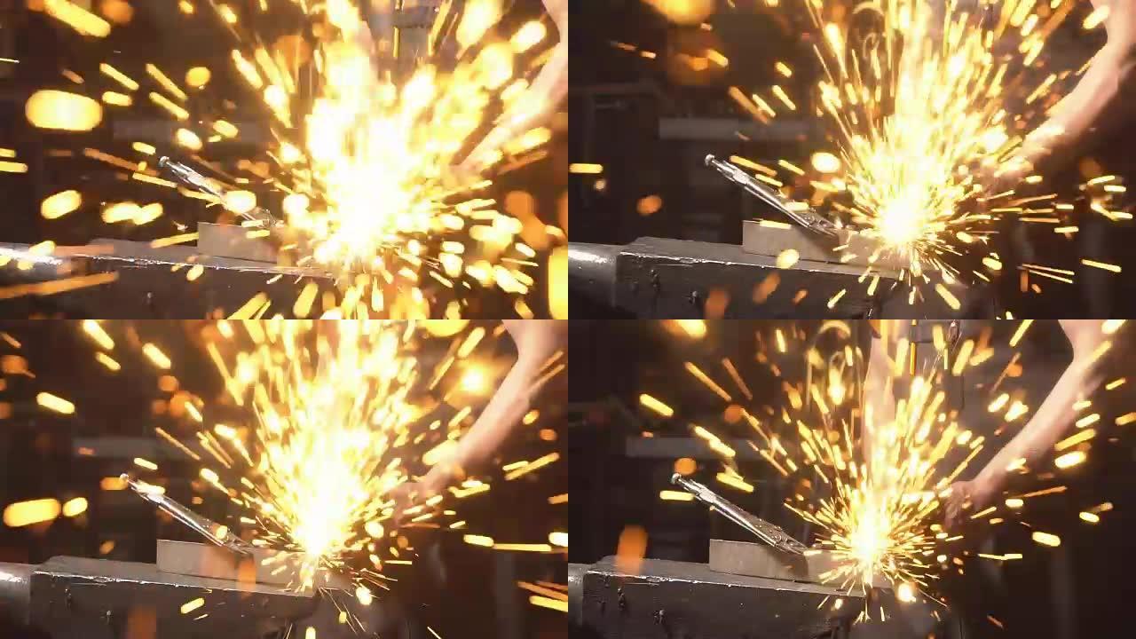 火花向摄像机飞舞。一个人工作角磨床。铁匠从事金属工作。慢动作