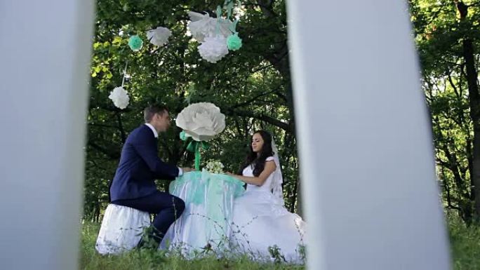 夏天，新娘和新郎在公园装饰好的宴会桌上摆姿势。享受幸福和爱的时刻