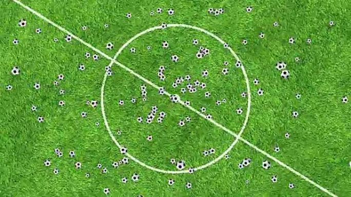 足球营地背景上的动画足球在漩涡中飞行，淡出，循环无缝