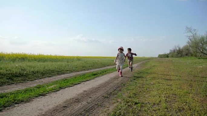 姐姐和哥哥笑着跑，日落时分的田野路，慢动作，两个可爱的孩子在公园，户外，孩子们在追赶