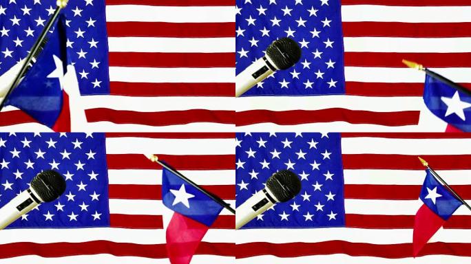 以美国国旗为背景的麦克风在政治集会上。