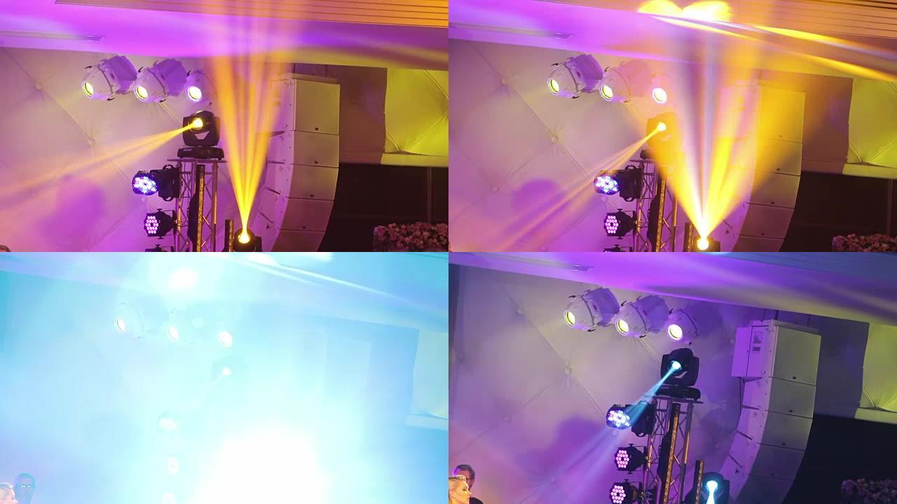 音乐会上的舞台灯带雾，控制台上的舞台灯，音乐会舞台上的灯光，娱乐音乐会舞台上的灯光