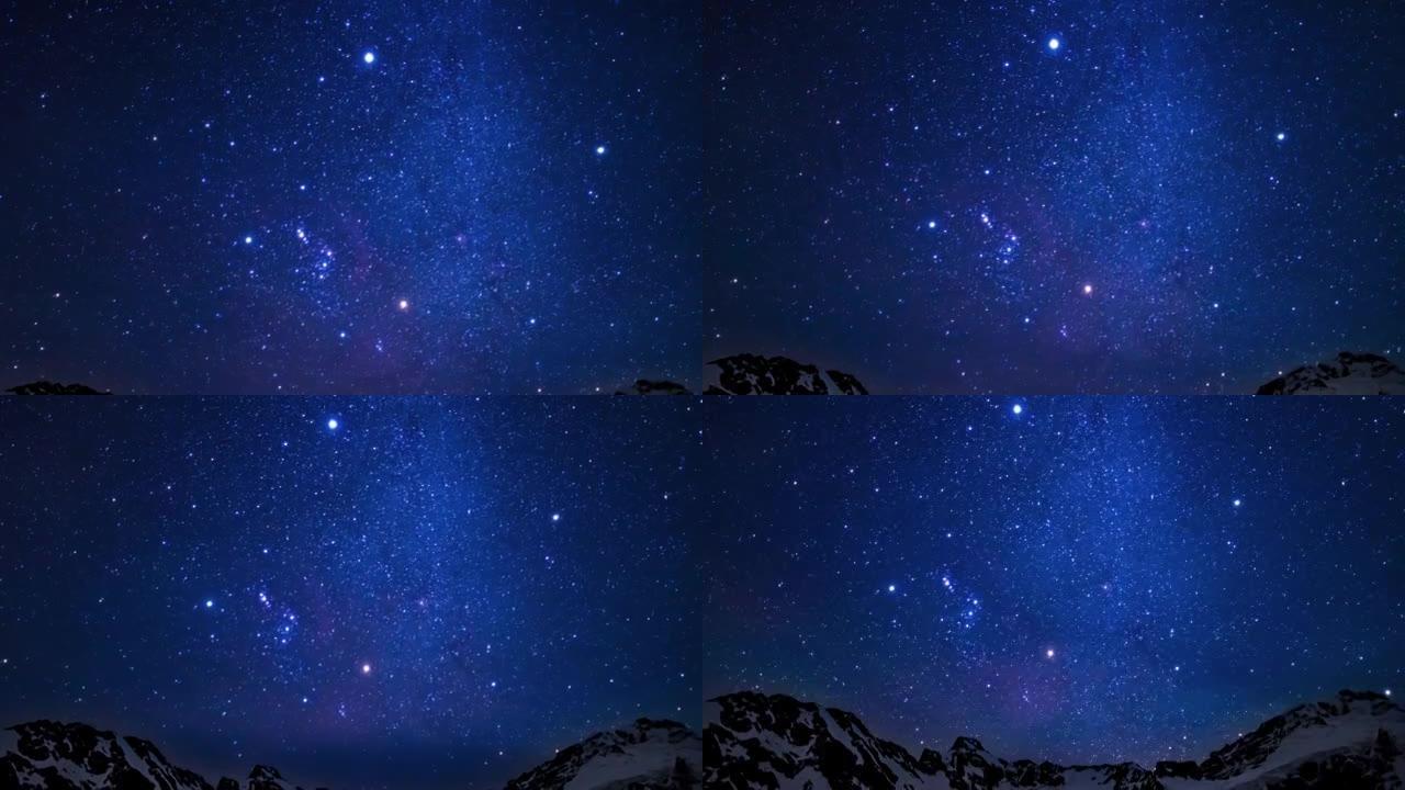 星空在库克山国家公园的雪峰上方移动