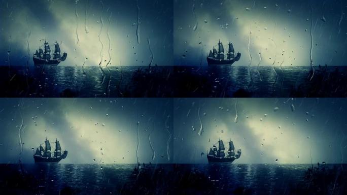 克里斯托弗·哥伦布·圣玛丽亚帆船在雨中靠岸停靠