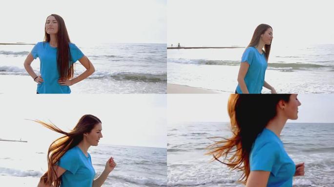一名年轻女子在海边日出时奔跑