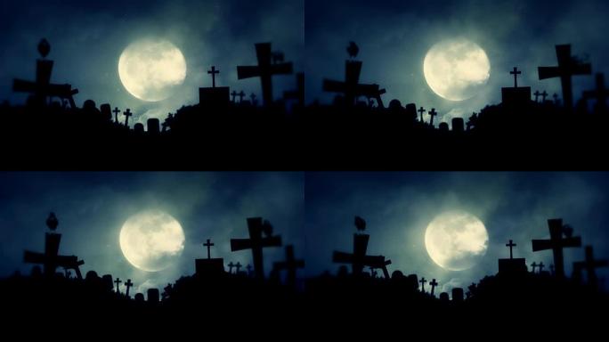 恐怖的墓地和乌鸦在一个幽灵般的雾蒙蒙的夜晚