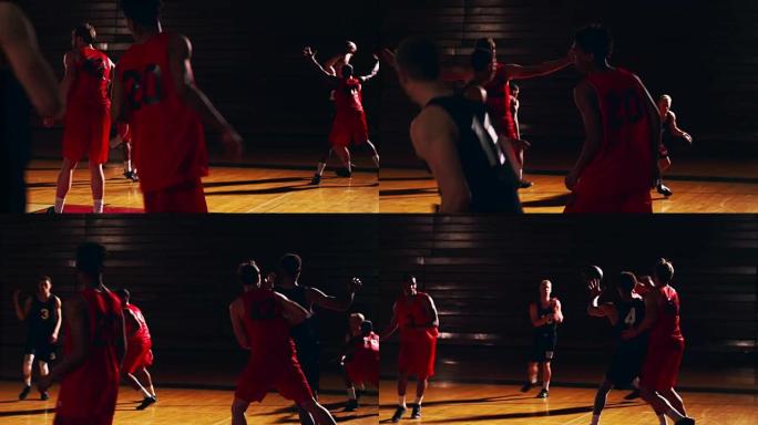 篮球运动员在比赛中慢动作将球传到球场上