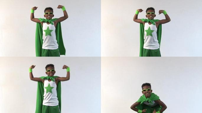 穿着绿色斗篷微笑的非洲裔美国超级英雄