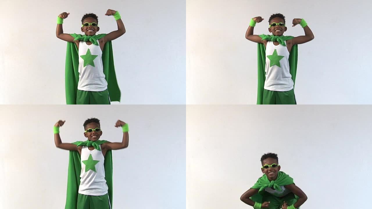 穿着绿色斗篷微笑的非洲裔美国超级英雄