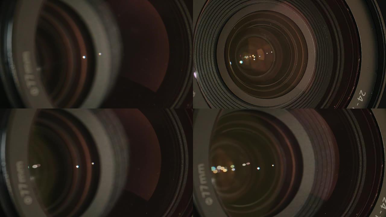 相机变焦。专业摄像机的特写镜头，镜头放大和缩小。